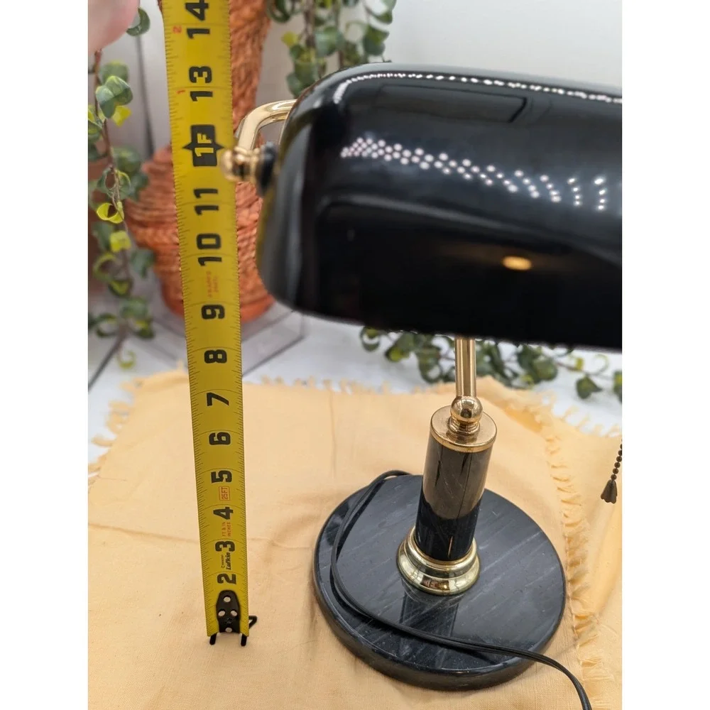 Vtg Black Bankers Desk  Lamp, Heavy Marble Base & Shaft Pull Chain Library